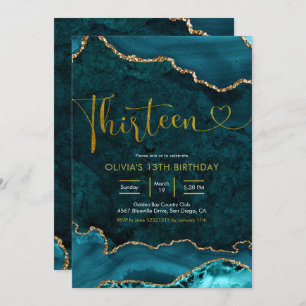 Teal and gold Agate 13th Birthday Invitation