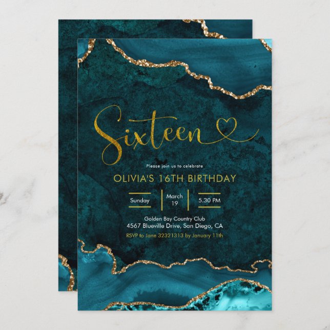 Teal and gold Agate 16th Birthday Invitation (Front/Back)