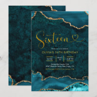 Teal and gold Agate 16th Birthday Invitation