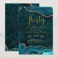 Teal and gold Agate 30th and Fabulous Invitation
