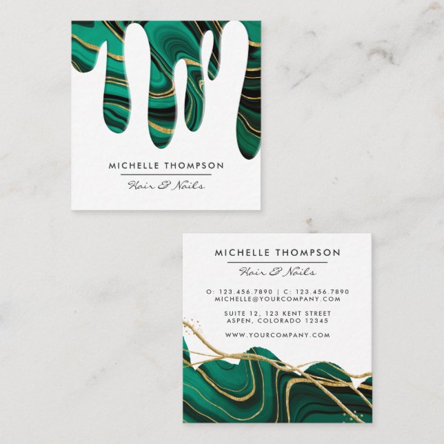 Teal and Gold Agate Dripping Square Business Card (Front/Back)