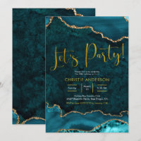 Teal and gold Agate Let's Party Invitation