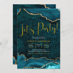 Teal and gold Agate Let's Party Invitation