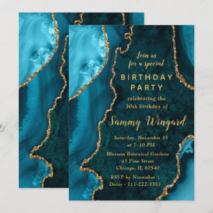Teal and Gold Agate Marble 30th Birthday Party Invitation