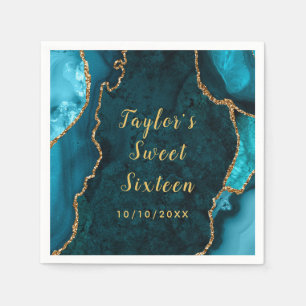 Teal and Gold Agate Marble Sweet Sixteen Napkin