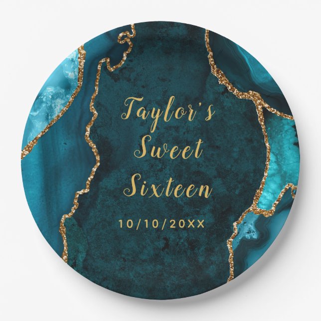 Teal and Gold Agate Marble Sweet Sixteen Paper Plate (Front)
