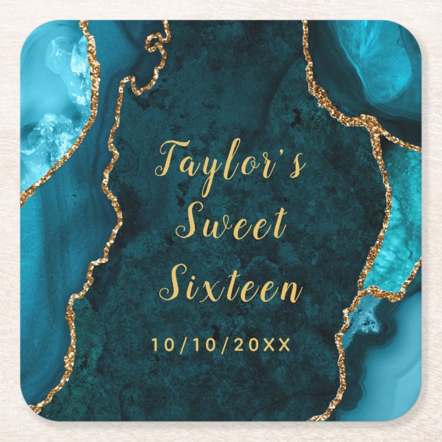 Teal and Gold Agate Marble Sweet Sixteen Square Paper Coaster (Front)