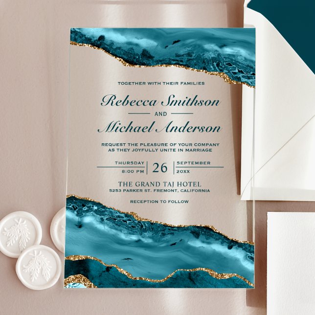 Teal and Gold Agate Marble Wedding Acrylic Invitations (Creator Uploaded)