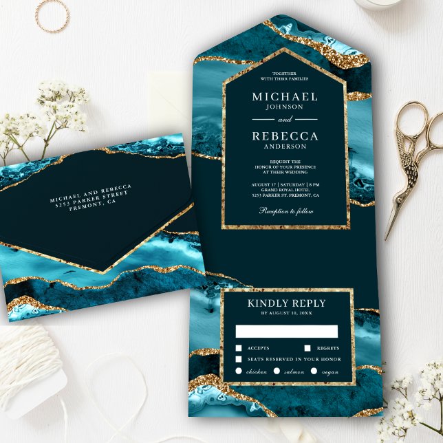 Teal and Gold Agate Marble Wedding All In One Invitation (Creator Uploaded)