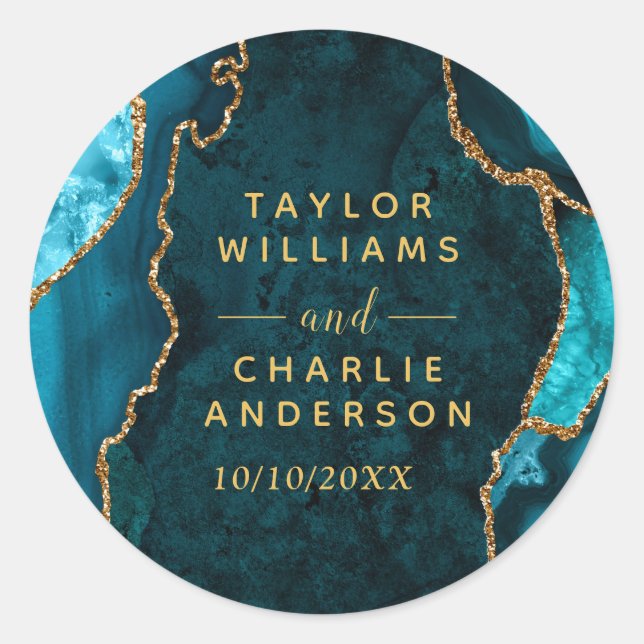 Teal and Gold Agate Marble Wedding Classic Round Sticker (Front)