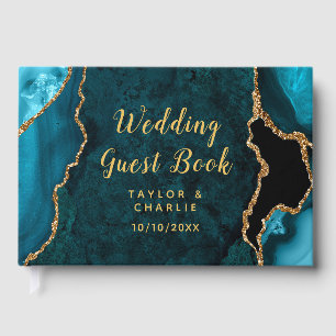 Teal and Gold Agate Marble Wedding Guest Book