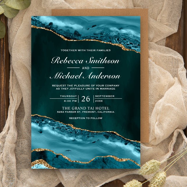 Teal and Gold Agate Marble Wedding Invitation (Creator Uploaded)