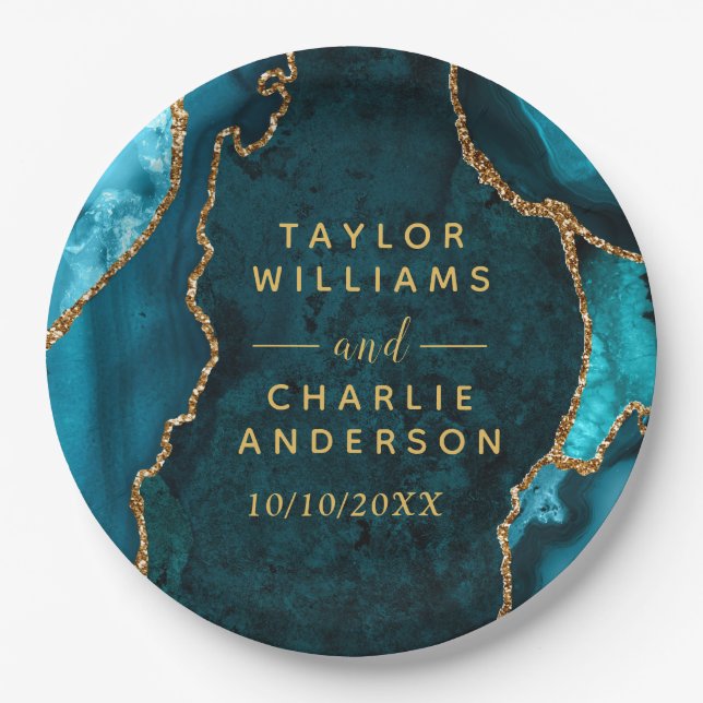 Teal and Gold Agate Marble Wedding Paper Plate (Front)