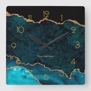 Teal and Gold Agate Personalised Square Wall Clock