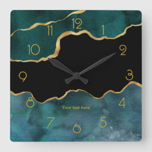 Teal and Gold Agate Personalised Square Wall Clock