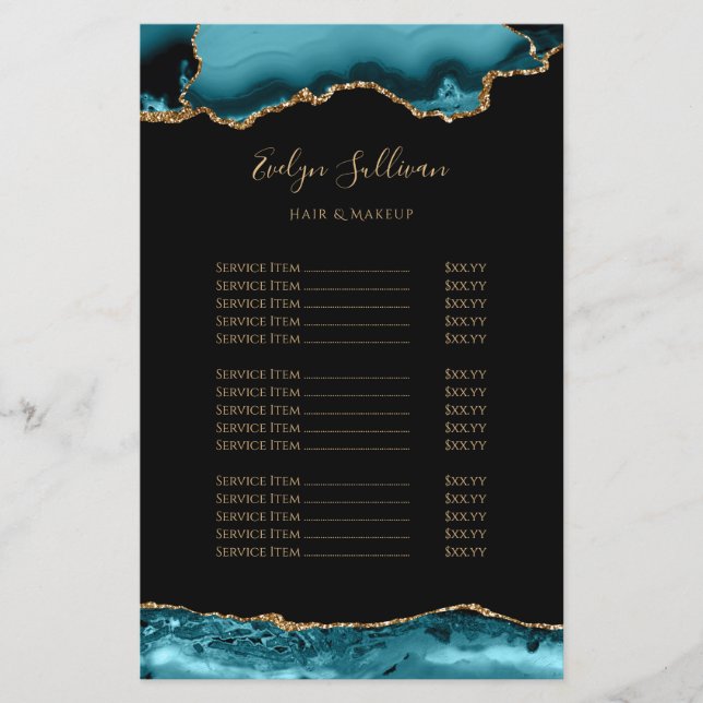 Teal and gold agate price list flyer (Front)