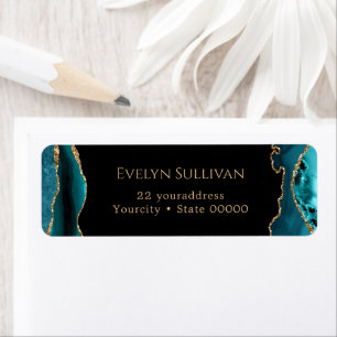 Teal and gold agate return address label