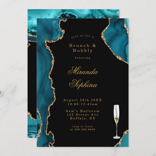 Teal and Gold Agate Stone Brunch & Bubbly Invites (Front/Back)