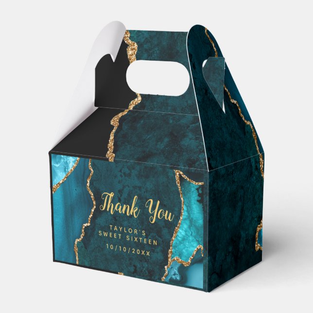 Teal and Gold Agate Sweet Sixteen Thank You Favour Box (Front Side)