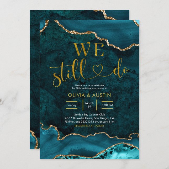 Teal and gold Agate Wedding Anniversary Invitation (Front/Back)