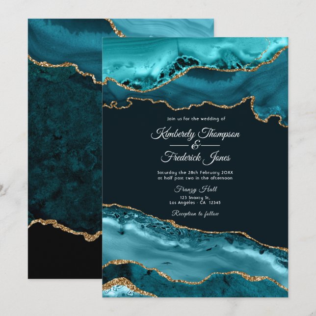 Teal and Gold Agate Wedding Invitation (Front/Back)