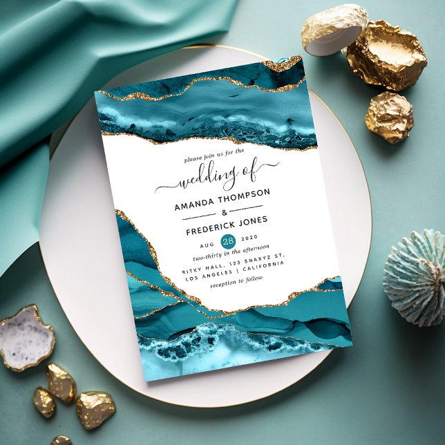 Teal and Gold Agate Wedding Invitation (Creator Uploaded)