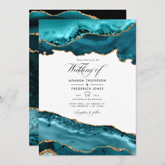 Teal and Gold Agate Wedding Photo Invitation (Front/Back)