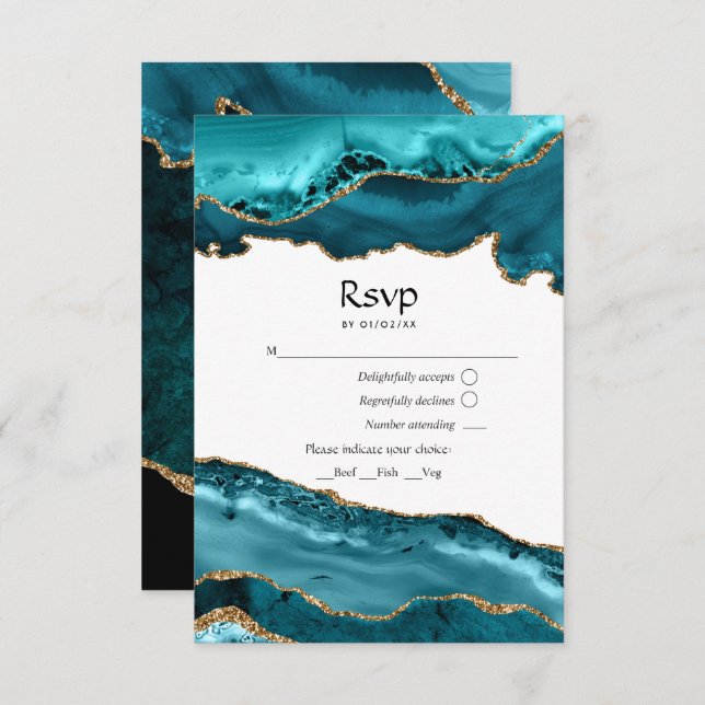 Teal and Gold Agate Wedding RSVP Card (Front/Back)