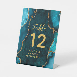 Teal and Gold Agate Wedding Table Number Pedestal Sign