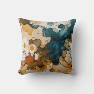 Teal and Gold Alcohol Ink Abstract Cushion