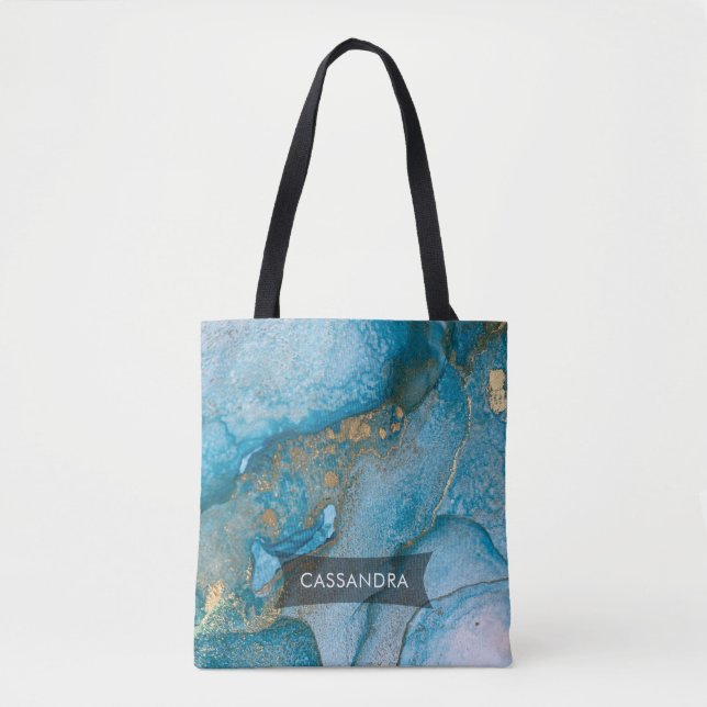 Teal and Gold Alcohol Ink Abstract Liquid Art Tote Bag (Front)