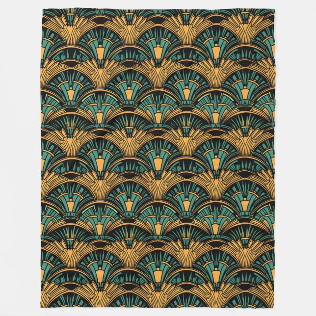Teal and Gold Art Deco Fleece Blanket (Front)