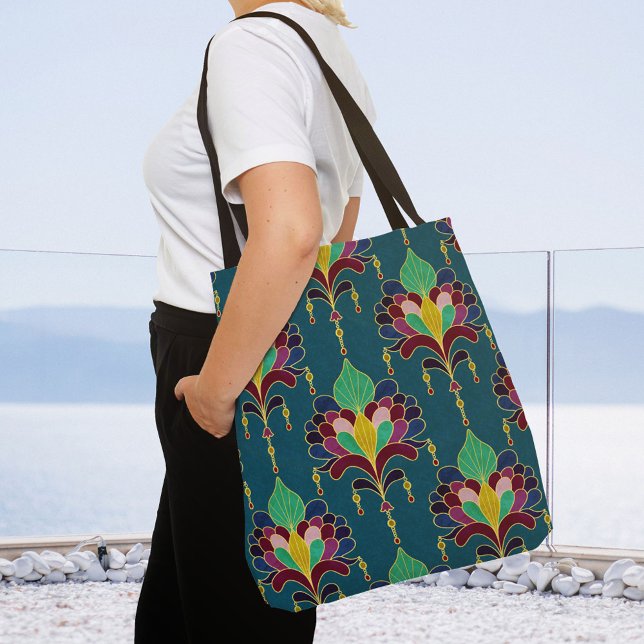 Teal and Gold Art Deco Floral Ornament Tote Bag (Creator Uploaded)