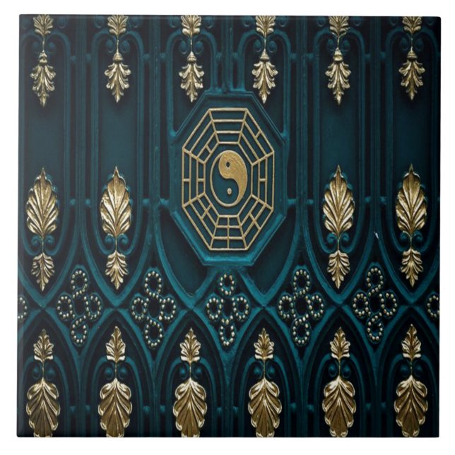 Teal and Gold Asian Abstract Tile (Front)