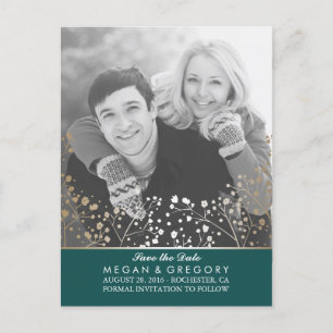 Teal and Gold   Baby's Breath Save the Date Announcement Postcard