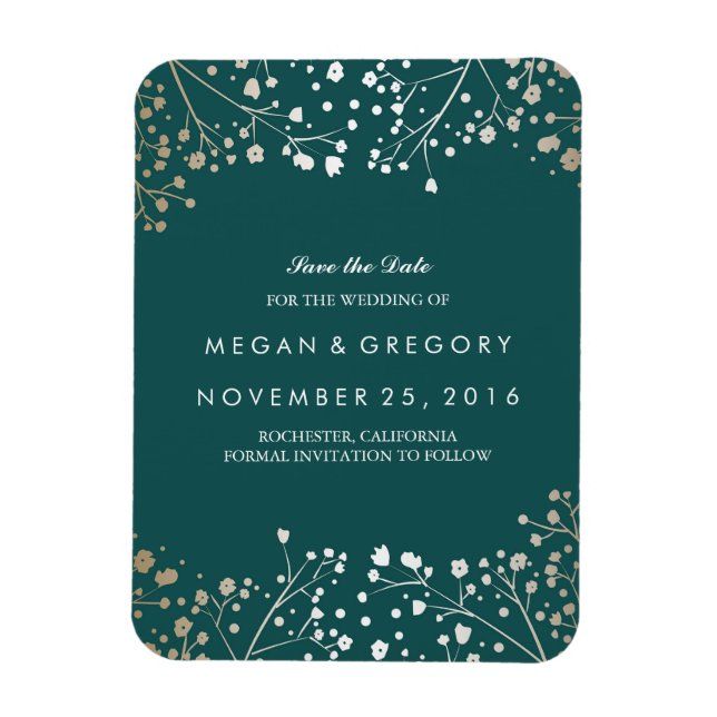 Teal and gold Baby's Breath Save the Date Magnet (Vertical)