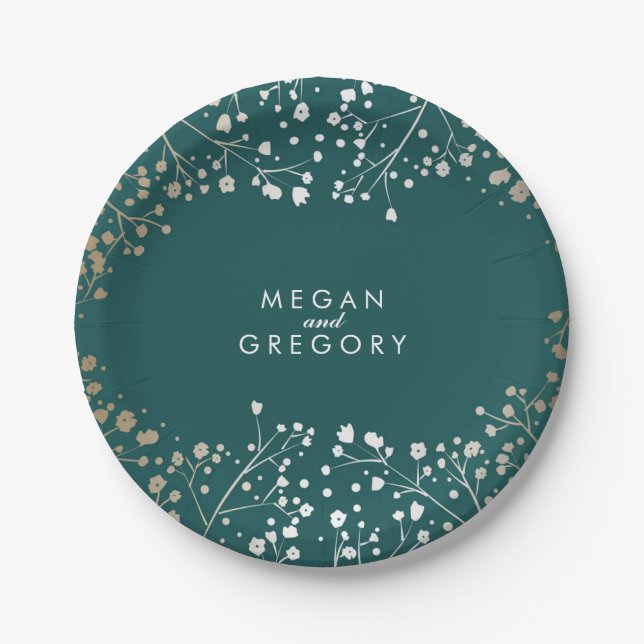 Teal and Gold Baby's Breath Wedding Paper Plate (Front)