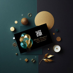 Teal and Gold Balloons Event Planner QR Code Business Card