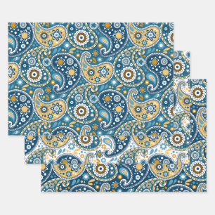 Teal and Gold Bohemian Paisley Print Pattern Wrapping Paper Sheet