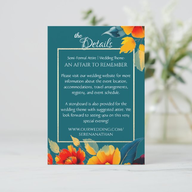 Teal and Gold Border Wildflowers Wedding Details Enclosure Card (Standing Front)