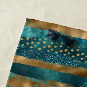 Teal and gold brush strokes and monogram beach towel