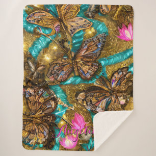 Teal and Gold Butterflies Personalised Name Sherpa Blanket