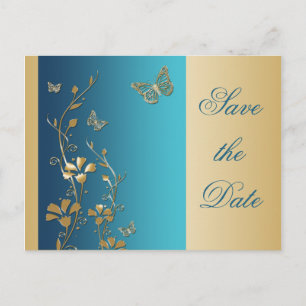 Teal and Gold Butterflies Save the Date Postcard