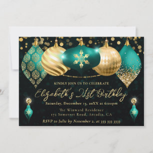 Teal and Gold Christmas Baubles Birthday Party Invitation
