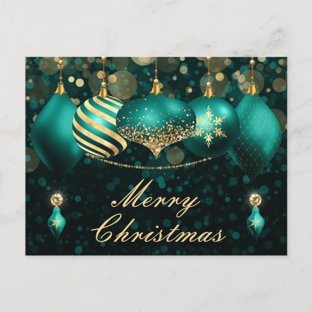 Teal and Gold Christmas Baubles Ornaments  Holiday Postcard (Front)