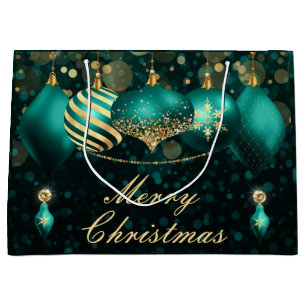 Teal and Gold Christmas Baubles Ornaments Large Gift Bag