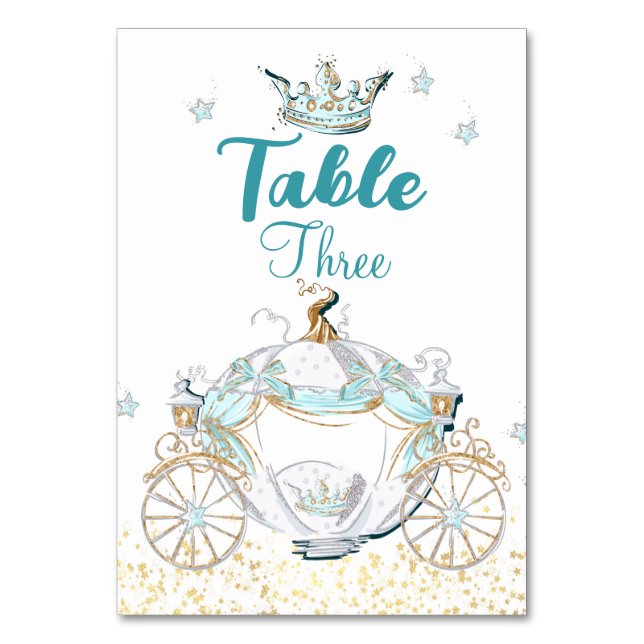 Teal and Gold Cinderella Princess Carriage Table Number (Front)