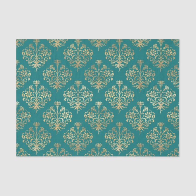 Teal and Gold Damask Tissue Paper (Front)