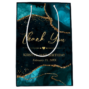 Teal and Gold Faux Glitter Agate Birthday Medium Gift Bag