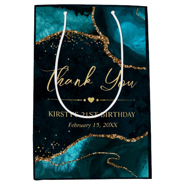Teal and Gold Faux Glitter Agate Birthday Medium Gift Bag (Front)